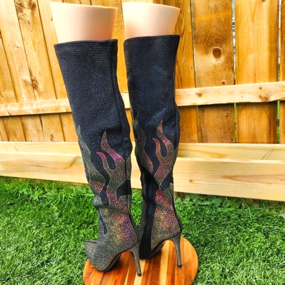Sexy & Fun Black & Gold Rhinestone Flame Detail Sexy OTK Thigh Boots - Picture 6 of 16